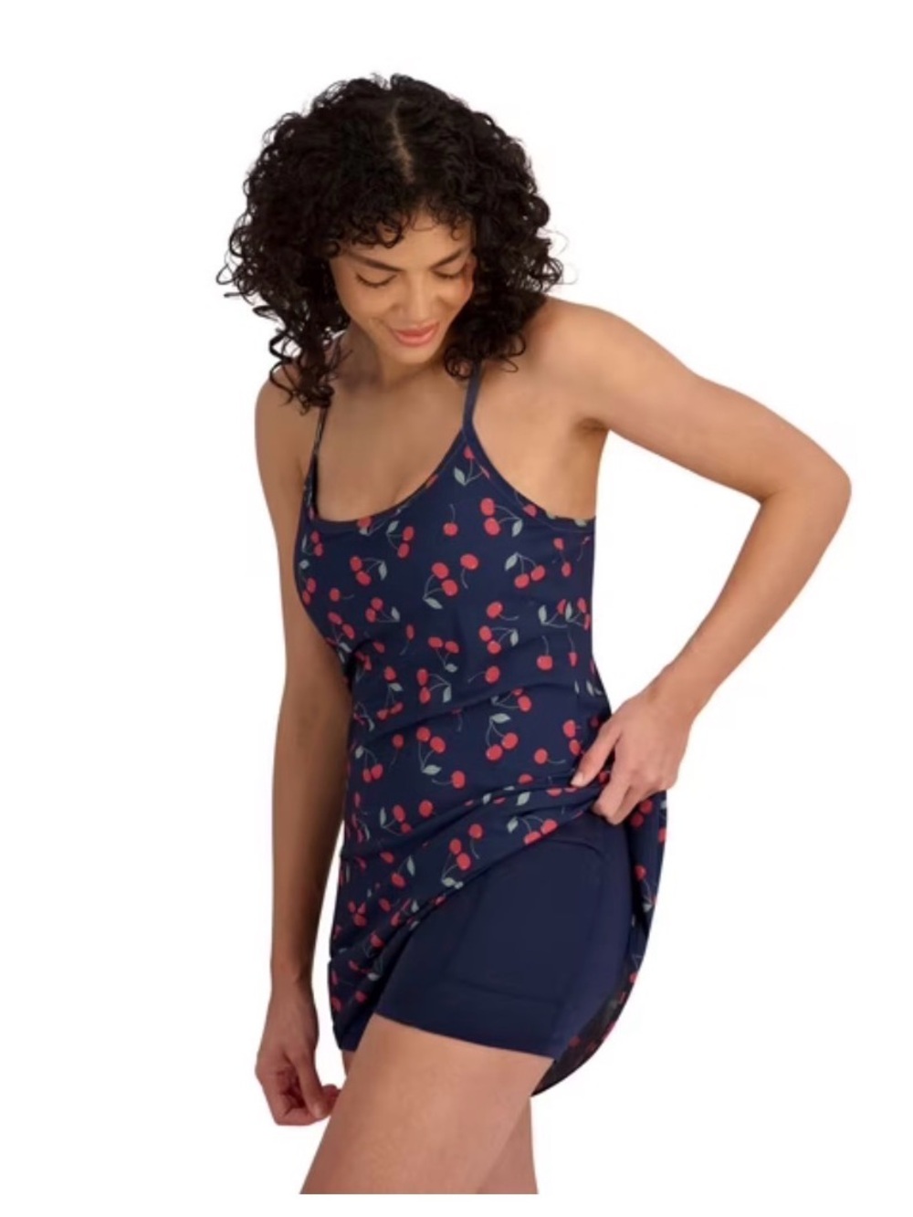 Outdoor Voices Womens Navy Cherry Print Exercise Dress with attached shorts
